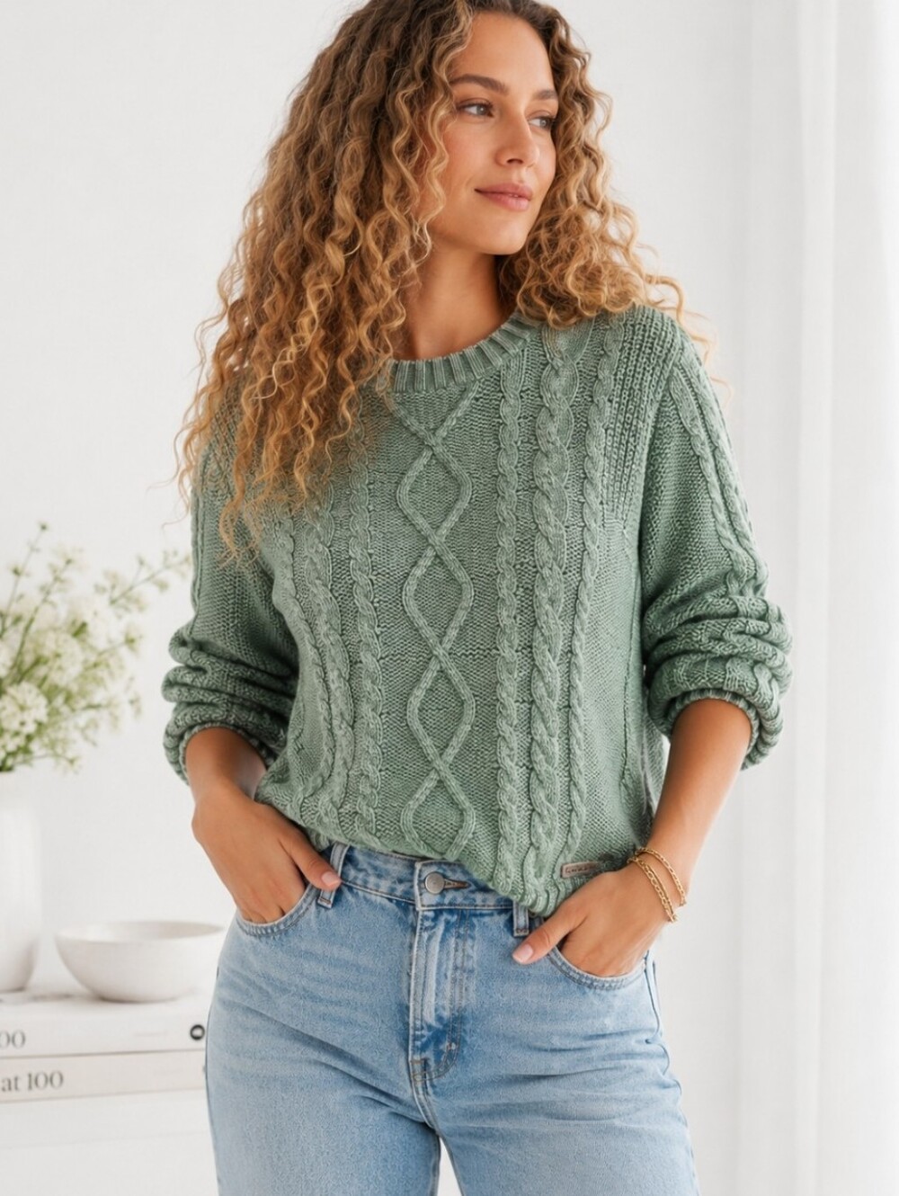 Carve Designs Green Cable Knit Sweater Crewneck